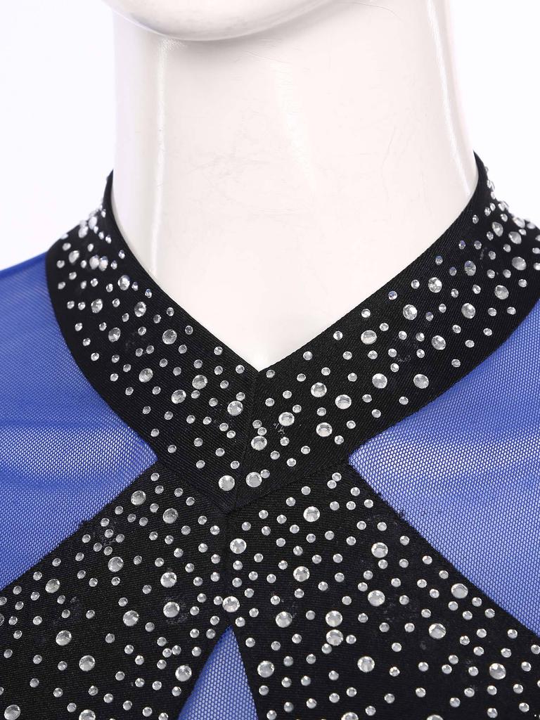 Damen Glitzernde Strasssteine Tanzkleid Kontrastfarbe Unregelmäßiger Saum Schlüssellochrücken Langarm Performance-Outfit