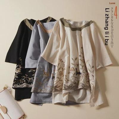 2022 Summer Retro Plus Size Women's Loose Embroidered Mid-Sleeve T-Shirt