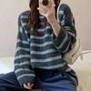 Navava Women Casual Stripe Color Block Round Neck Long Sleeve Knit Sweater Nk342