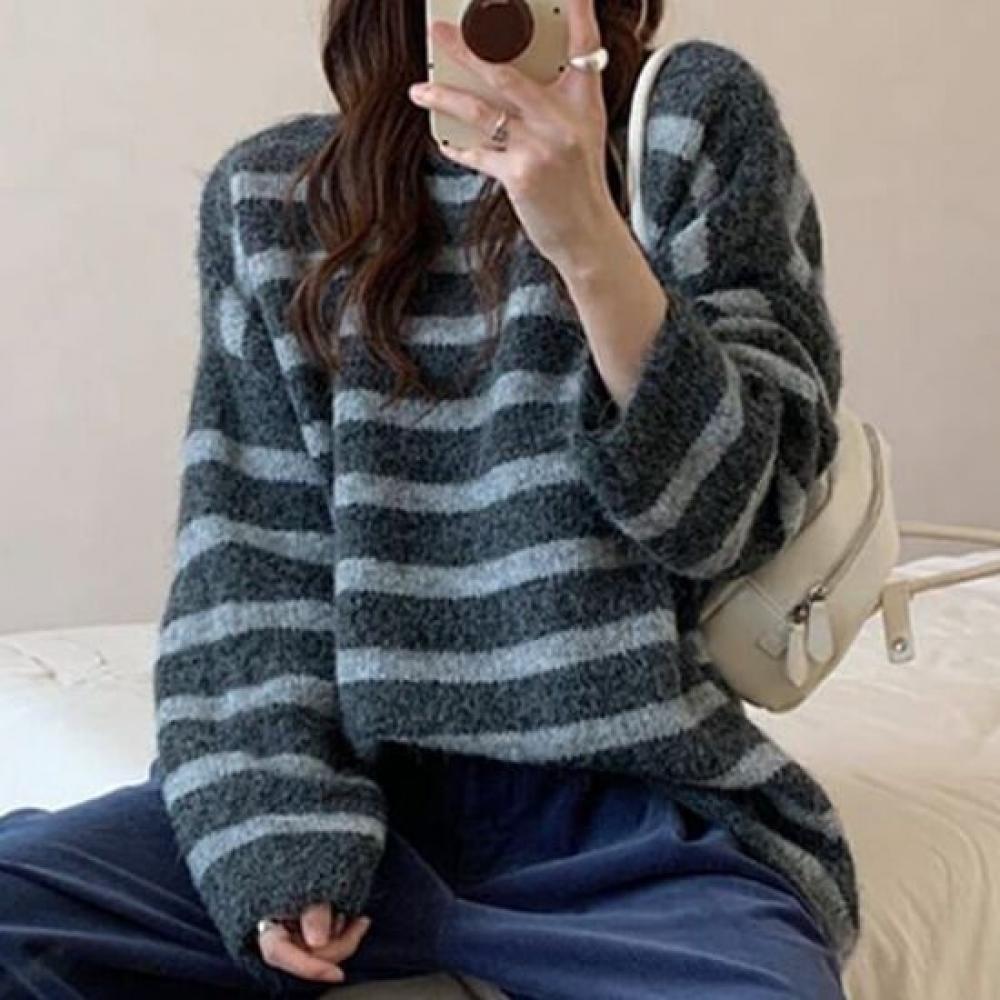 Navava Women Casual Stripe Color Block Round Neck Long Sleeve Knit Sweater Nk342