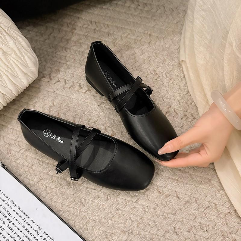 2025 Spring Women's French Square Toe Mary Janes - Korean Style, Low-Cut, Soft Flat Bottom