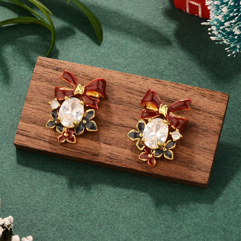 French bow New Year's pearl autumn and winter silver needle burgundy Christmas series earrings niche high-end personalized earrings