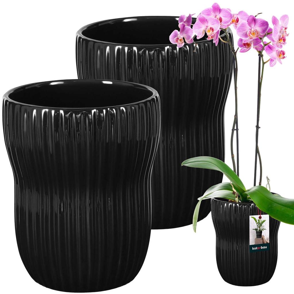 Kotarbau® 2 Pcs. Flowerpot 11.5 Cm Black Glazed Ceramic Flowerpot Grooved Flower And Herb Pot Decorative Cover Balcony Flowerpot