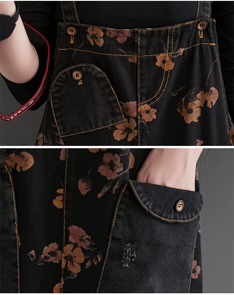 Mouhoukyo Denim Loose Floral Print Jeans Fits All Spring and Sizes Women's Overalls, Casual, Fit, Overalls, Autumn, M-2XL (Color shown, M)