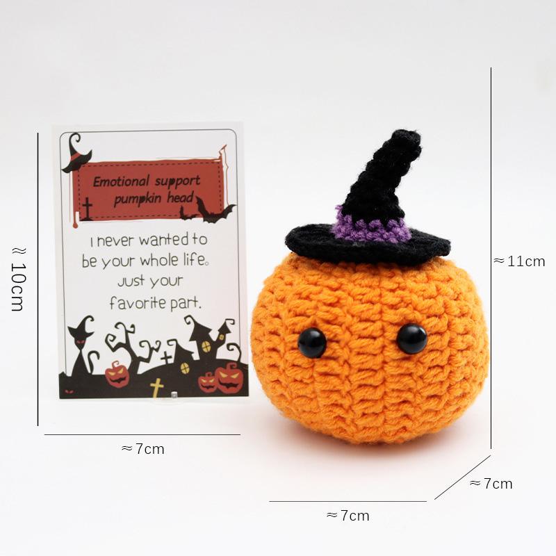 

Funny Crochet Emotional Support Pumpkin Gifts Desktop Ornament Handmade Knitted Pumpkin Doll With Card Home Room Halloween Decor