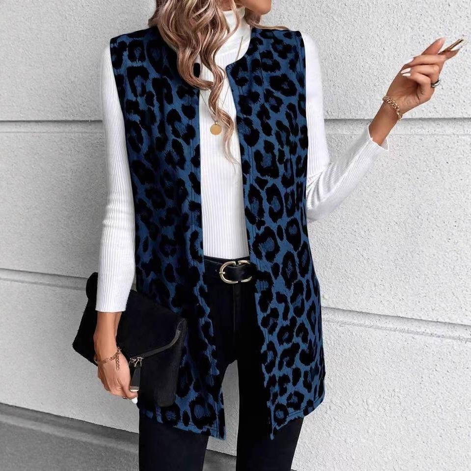 YYFS Women's Fashion Casual Leopard Print Autumn Winter Sleeveless O-Neck Jackets & Coats