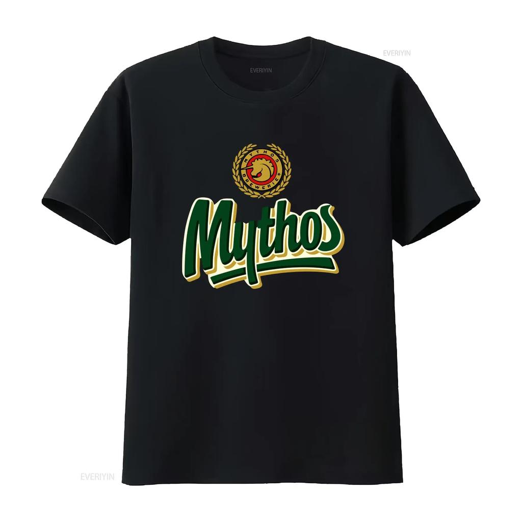 Mythos Beer T Shirt Stylish Design with Lion Emblem and Wreath Motif Perfect for Lovers Soft C