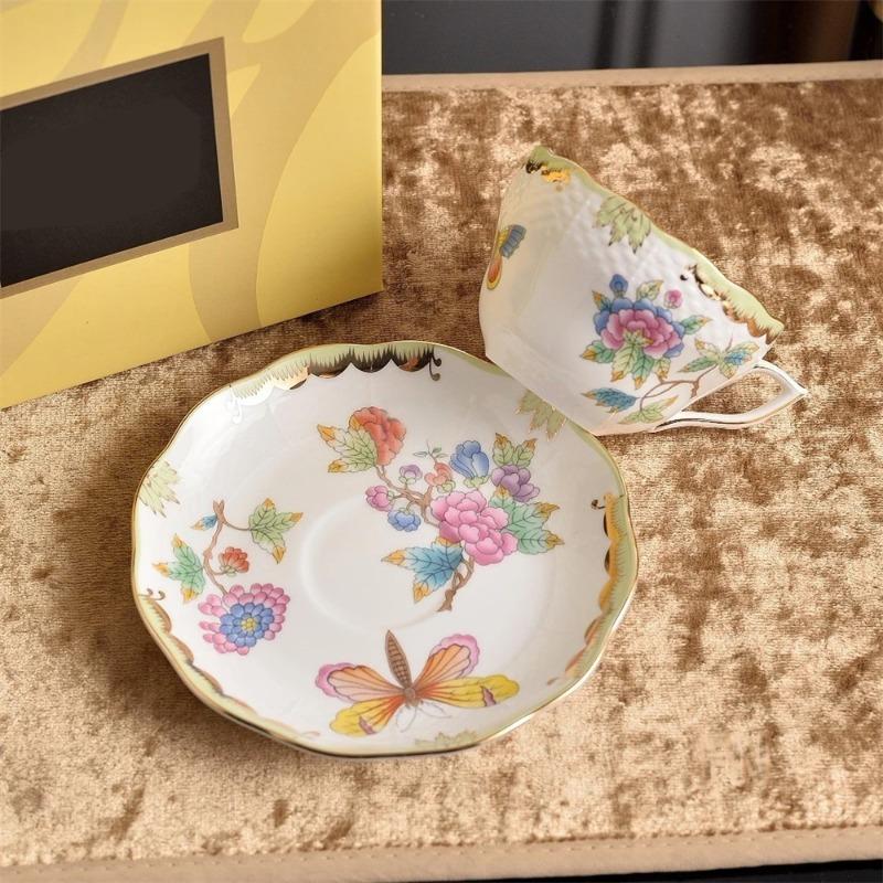 Creative Afternoon Tea Coffee Cup And Saucer Flower And Bird Printing Black Tea Cup Set Kitchen Supplies Cup And Saucer Gift