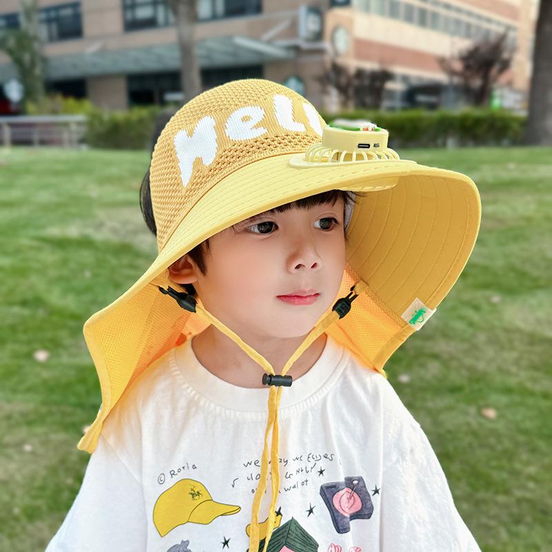 Children's Hat with Fan Shawl Hat In Summer Large Brim Boys and Girls Breathable Sun Protection Outdoor Sun Hat