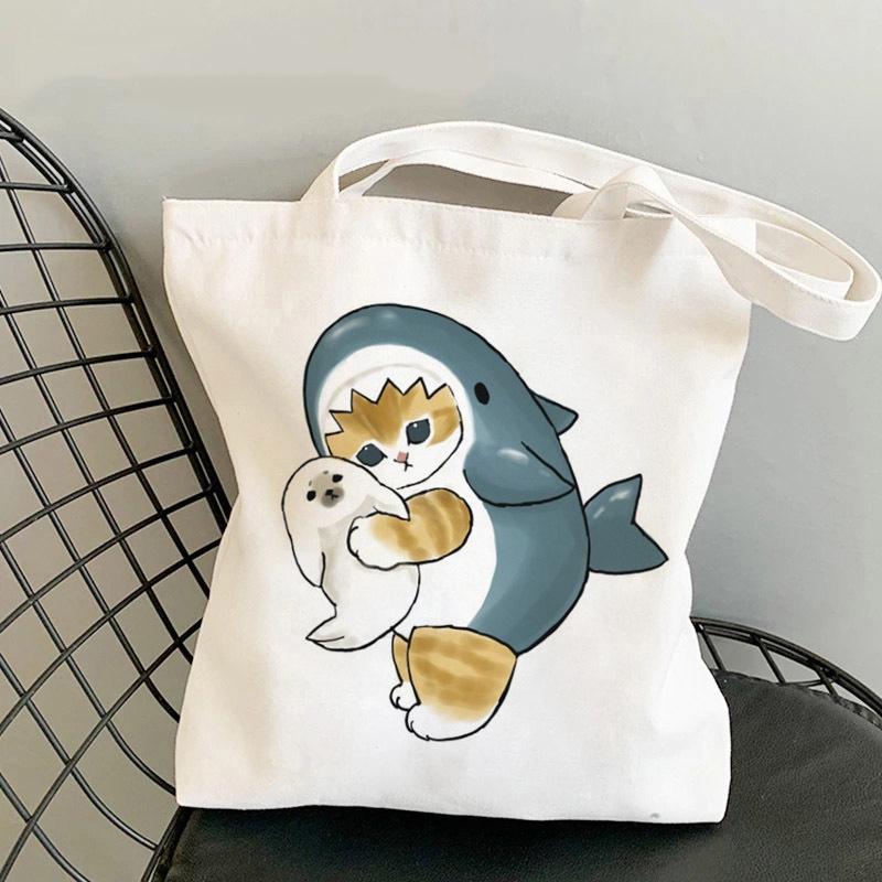Whimsical Cat On Bicycle Canvas Shoulder Tote - Cute Print for Students and Shopping