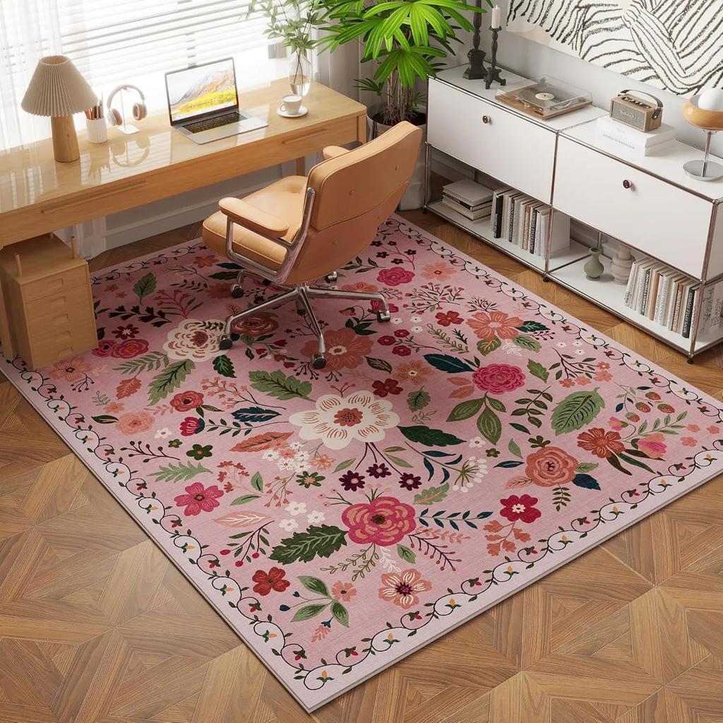Pink Vintage Floral Living Room Carpet Washable Bohemian Area Rug Non Slip Kitchen Lovely Plant Interior Decor Carpet Nursery