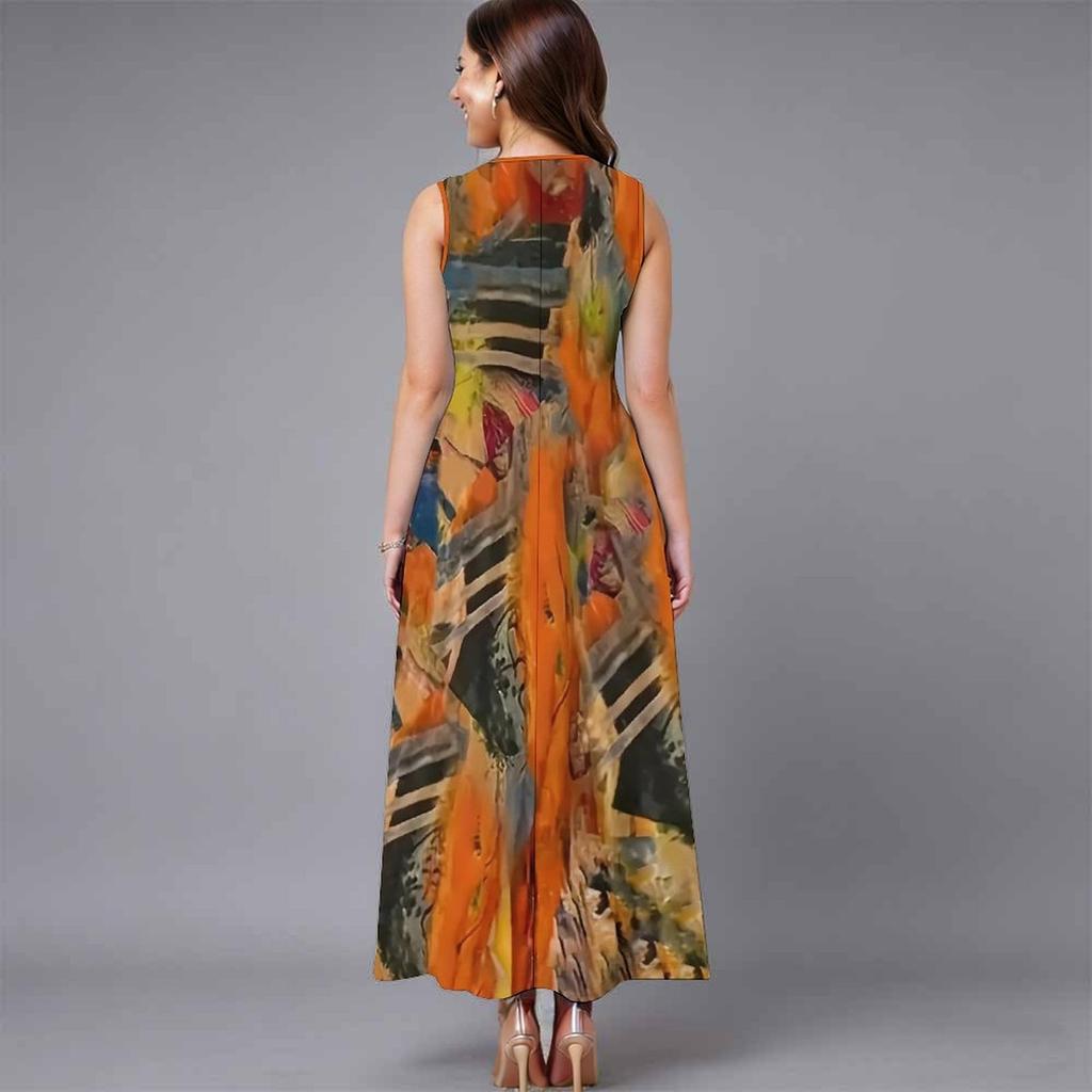 Oversized Ladies Sleeveless Crew Neck Dress Graceful Scattered Floral Loose Calf Length Gown