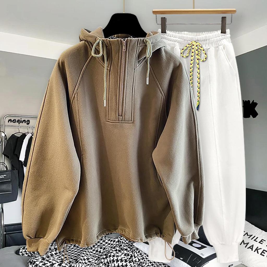 High-Quality Oversized Half-Zip Hoodie - Solid Color, Breathable Patchwork Design for Spring & Autumn
