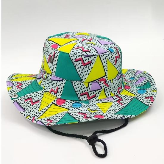 Klobouk Bucket Hat Široký okraj Barevný geometrický vzor Rybářský klobouk Bezpečnostní větruodolná šňůrka Přenosný skládací klobouk na ochranu před sluncem