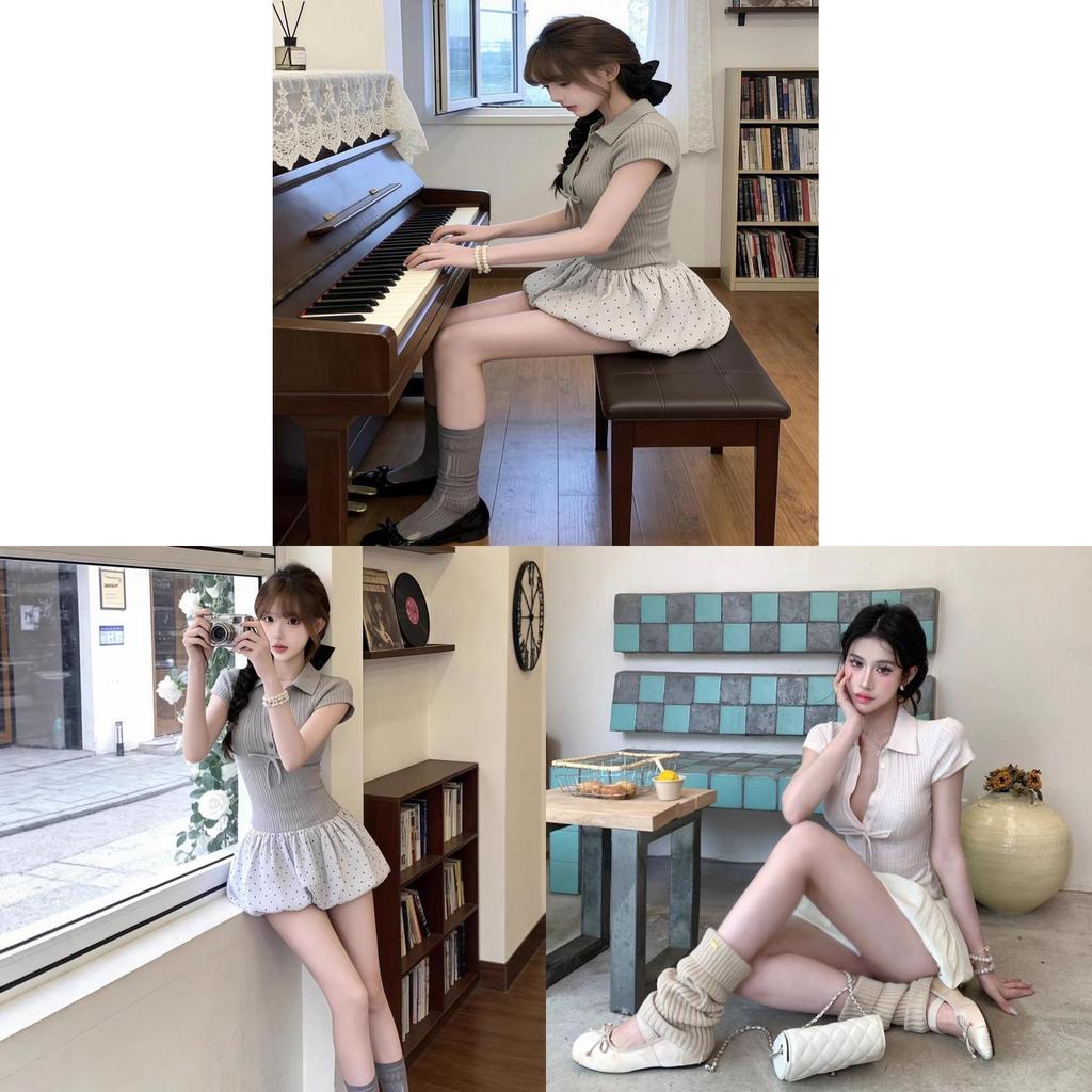 Polo Short Sleeve Puff Skirt Dress With Spliced Slim Fit For Summer Casual Wear