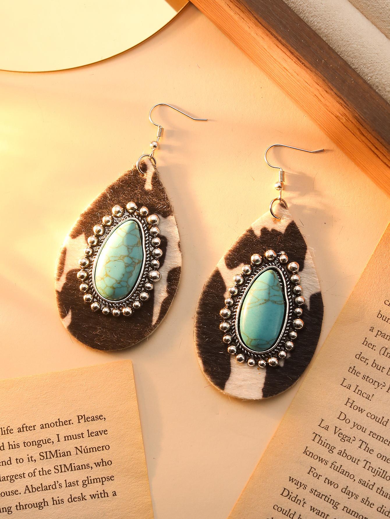 Exaggerated Earrings, Leather Leopard Print Metal Point Half-Sided Turquoise Earrings, High-End Temperament Earrings.