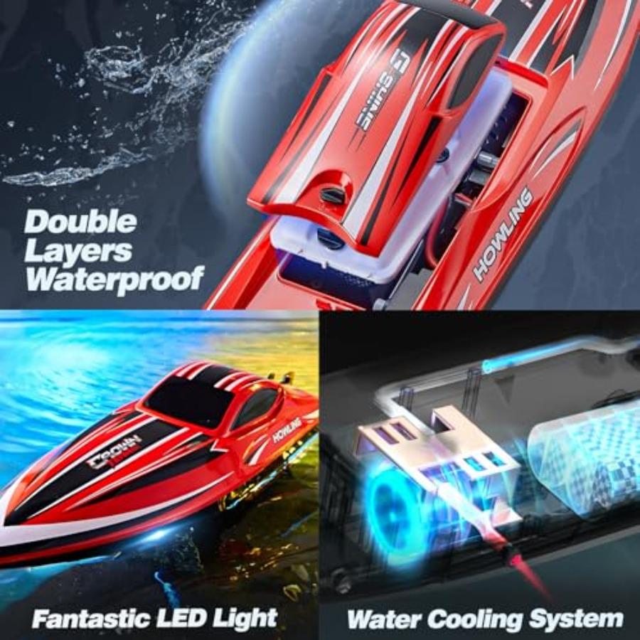 RC Boat for Lakes: 16-inch Brushless Waterproof Speed Boat, Red, 55 KPH Fast Performance with 2000mAh Battery, Ideal for Adults