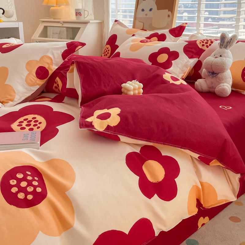 Washed Cotton 4Pcs Set, Spring And Autumn 1.8M Bed Sheet Double Quilt Set 3Pcs Home Textile