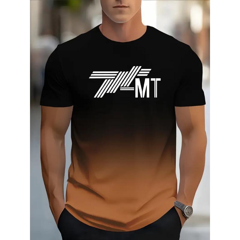Men's 3D Gradient Solid Color Print T-shirt - Short-sleeved Breathable Polyester Round Neck Casual Streetwear Top