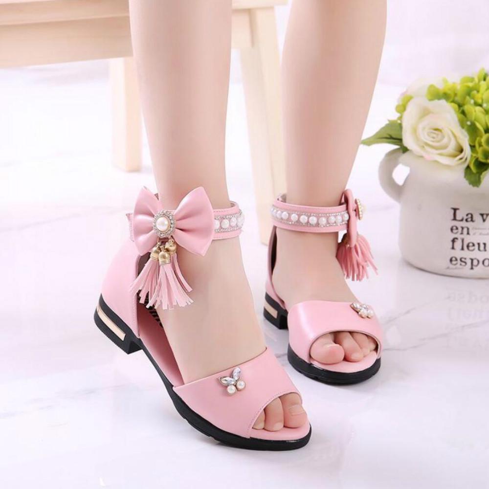 Kids Bow Sandals Children Girls Summer Cute Sandals Beach Princess Fashion High Heels Tassel School Shoes