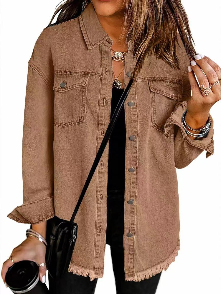 

Женская джинсовая куртка, приталенная, из эластичного хлопка, повседневная верхняя одежда с множеством карманов XL коричневый