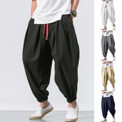 Men Bloomers Baggy Deep Crotch Loose Drawstring Elastic Waist Plus Size Pockets Ankle-banded Soft Breathable Casual Daily Long Harem Trousers