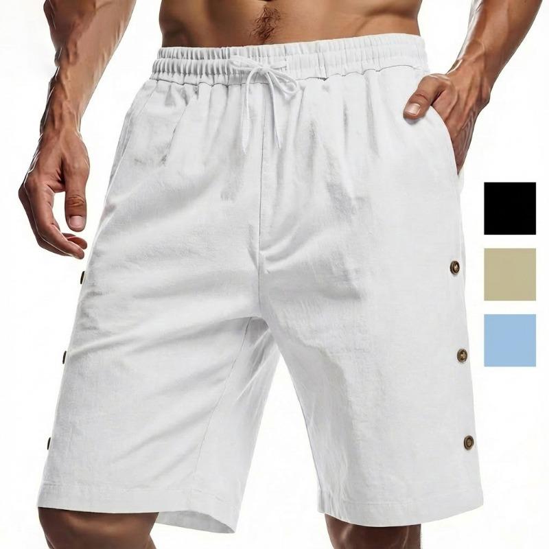 Men s Summer Solid Linen Drawstring Three-Quarter Shorts Casual Beach Sports S