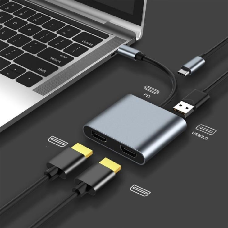 Aluminum USB C Adapter Dock Double HDTV 4K 60Hz Output Type C to HDTV Splitter for Double Monitors