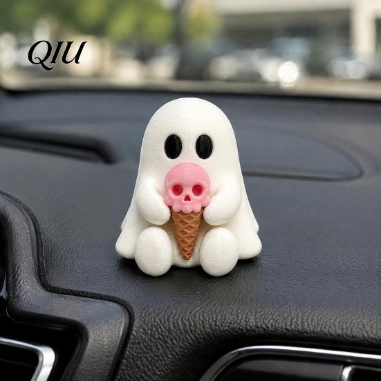 Portable Halloween Ghost Figurines Mini Decorative Figurine, 3D Printed White Statue with Cute Resin Ornaments Pink Skull Ice Cream, Desktop Ornament