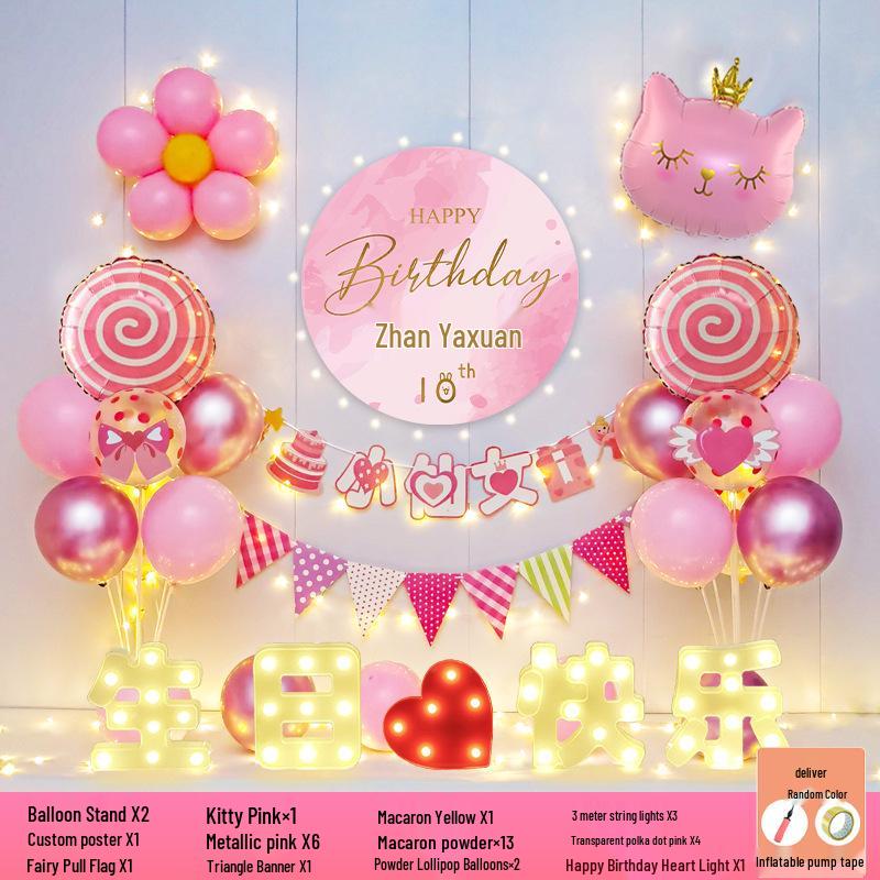 Happy Birthday Balloons for 7-8-Year-Old Girls - Home Party Decoration and Background Wall Decor