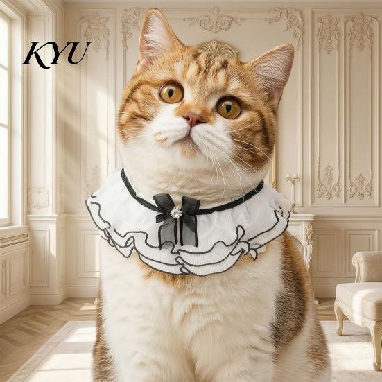 Lace Ruffle Cat Collar Collar, Elegant Pet Bandana Bib with Bow Knot, Retro Puppy Formal Neckwear Cute Princess for Cats Small Dogs Wedding