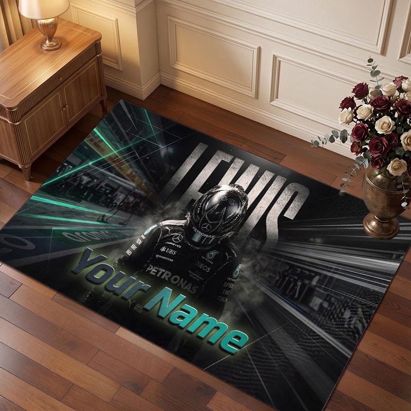 Lewis Hamilton Personalisierter Kristall-Samt-Teppich, Benutzerdefinierter Namens-Text Weicher Anti-Rutsch-Teppich für Wohnzimmer Schlafzimmer