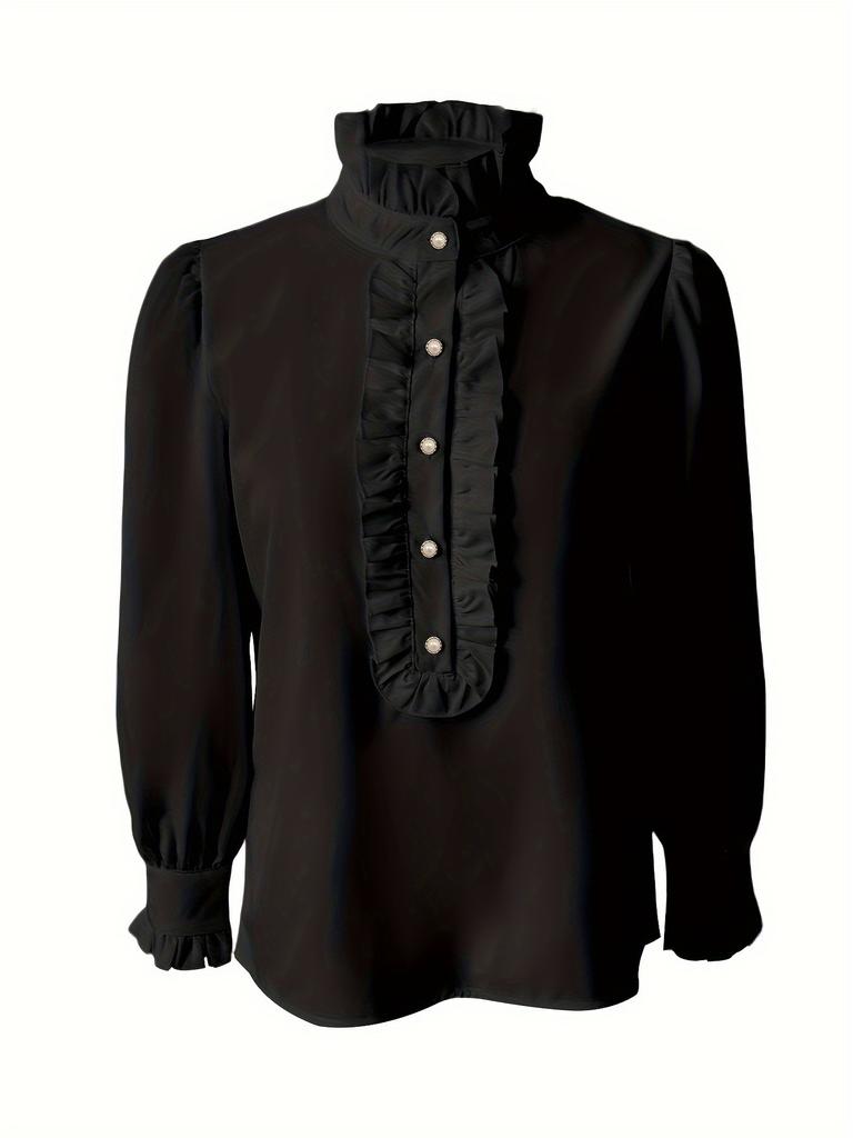 Dames Ruffle Hoge Hals Lange Mouwen Blouse Elegante Effen Kleur Shirt Parelmoer Knopen Werk Kleding Tops