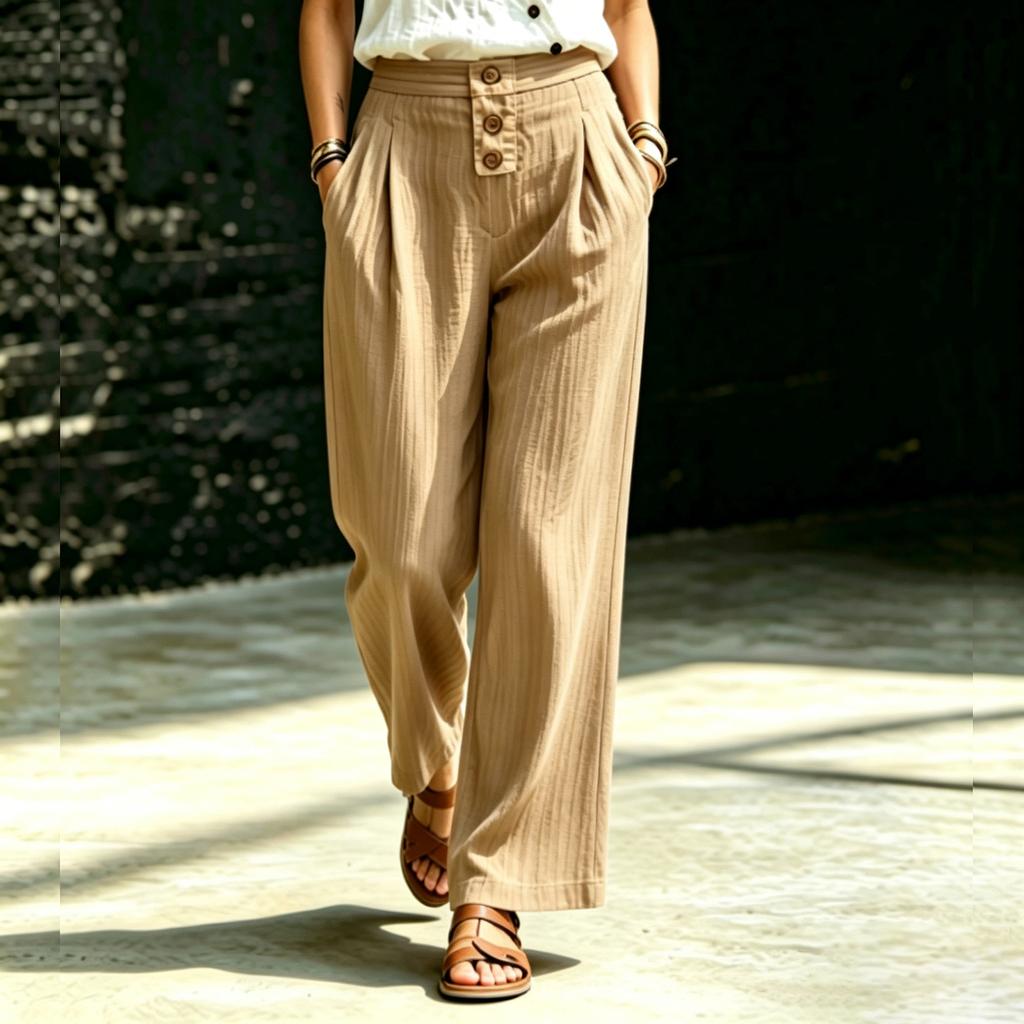 Women’s High Waist Loose Fit Pleated Wide Leg Casual Pants with Button Detail and Side Pockets for Everyday Wear
