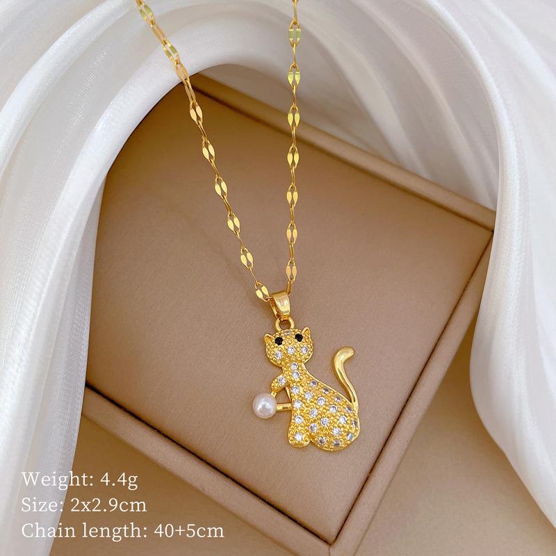 

Titanium Steel Pearl Cat Light Luxury Temperament Gorgeous Full Diamond Necklace Female Versatile Collarbone Chain Titanium Steel Chain