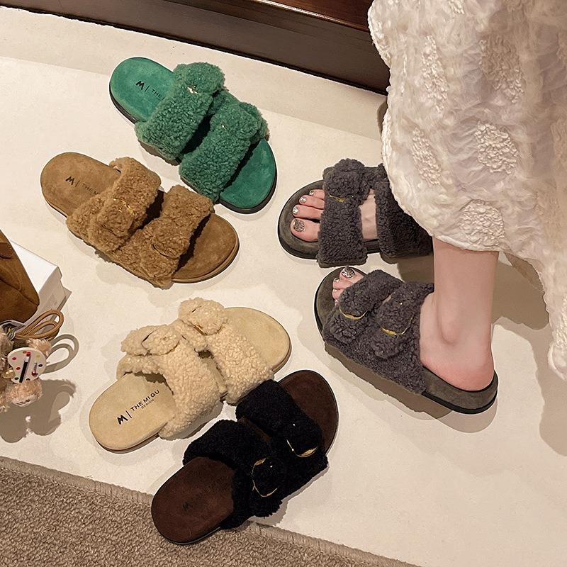New spring and autumn flat-bottomed versatile casual fluffy slippers women's fashion one-word slippers women's trendy shoes