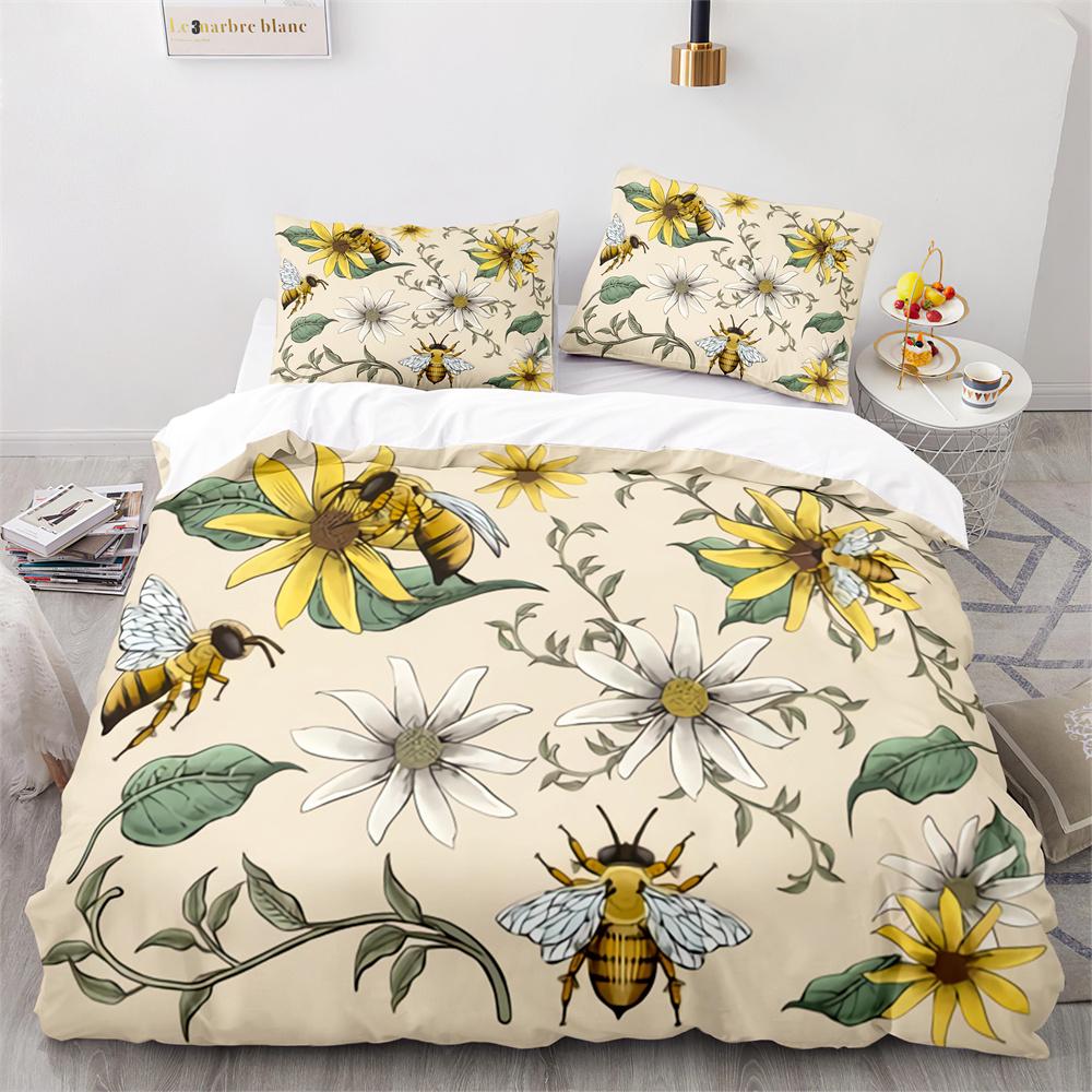 Bee Duvet Cover Set Watercolour Painting Cartoon Cute Wildlife Comforter Cover King Queen for Kids Girl Polyester Bedding Set