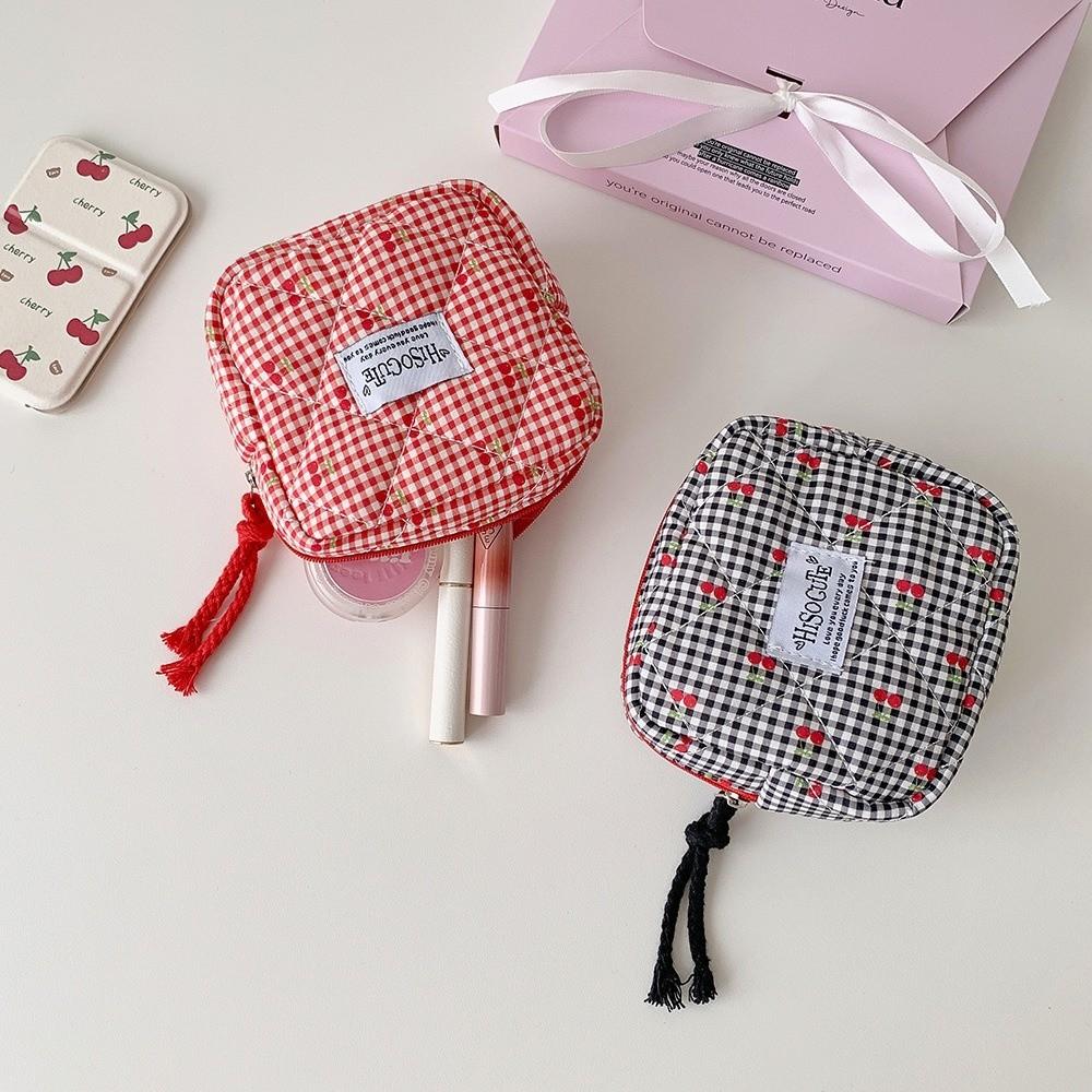 Large Capacity Fruit Cherry Pencil Bag Cute Design Cloth Plaid Pen Bag  Kids Girl