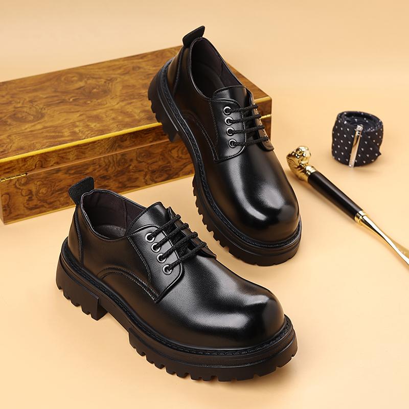Fashion Brand Spring and Autumn Men Leather Thick Sole Formal Leather Shoes High Quality Fashion Lacing Comfortable Derby Shoes