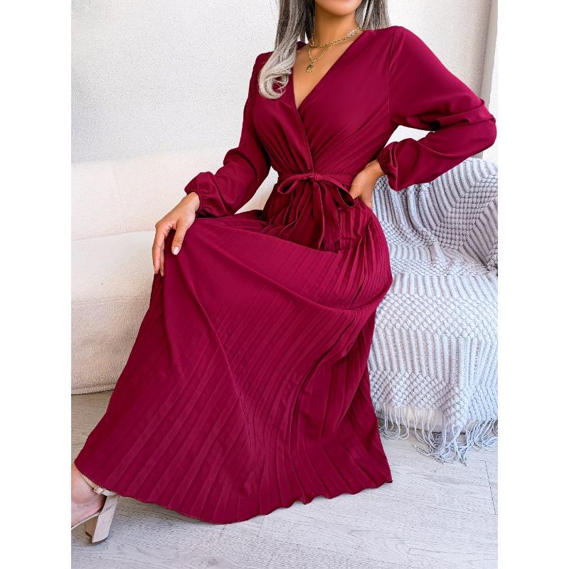 Women Cross V Neck High Waist Long Sleeve Solid Color Pleated Big Swing Maxi Dress