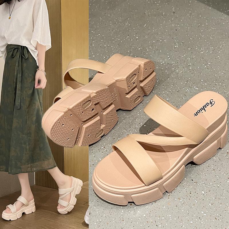 Women's Summer Platform High-Heeled Sandals: Stylish Slip-On Flip Flops with Thick Soles and Versatile Elevation.