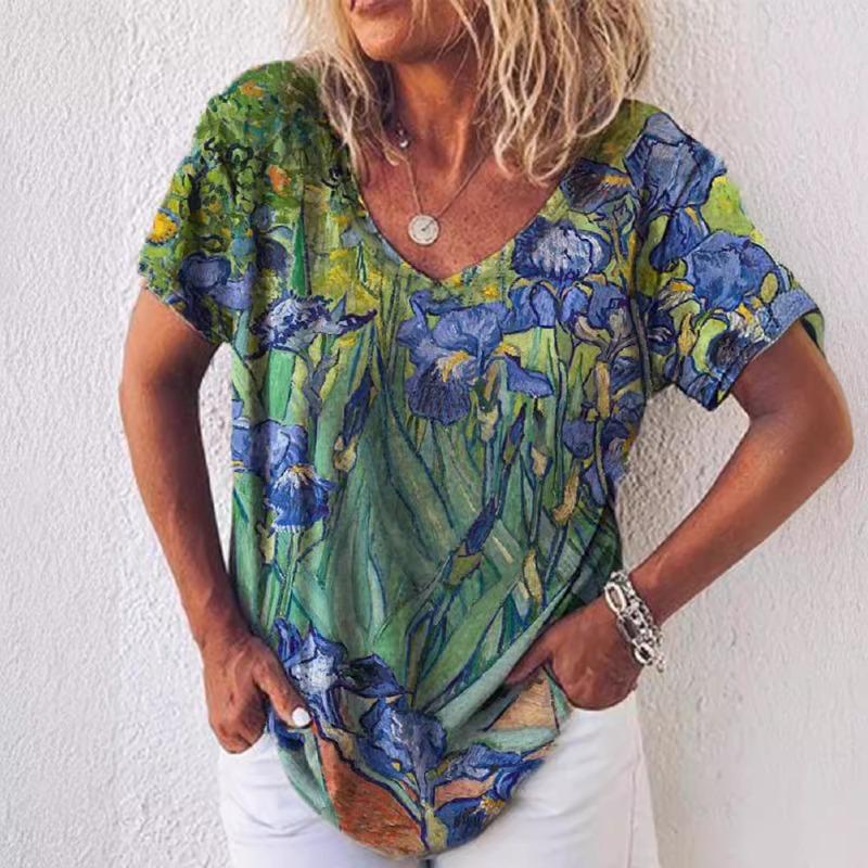 

Летняя женская футболка свободного кроя с цветочным принтом и V-образным вырезом, короткими рукавами 5XL
