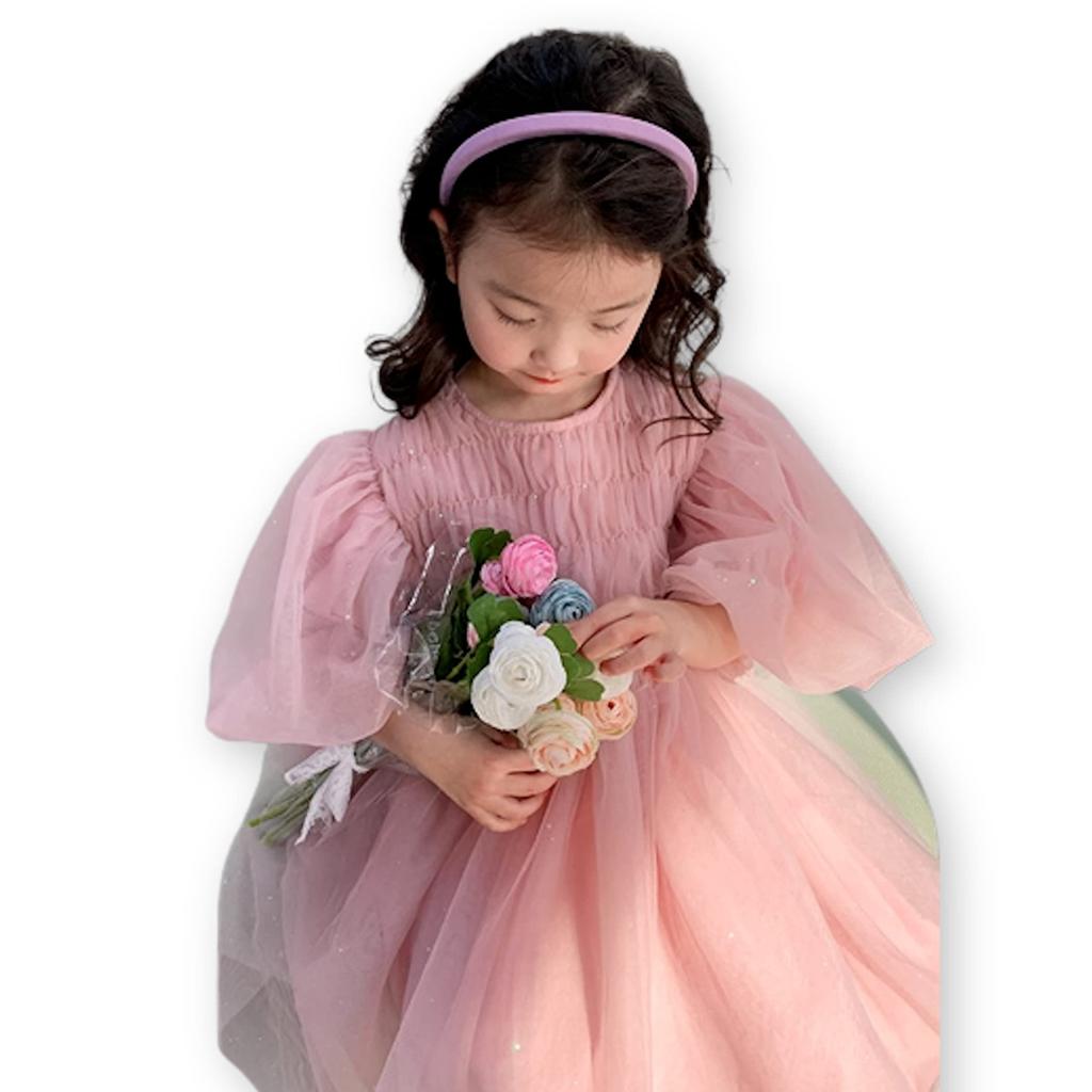 Lezalic Tulle Lace Dress Pink Balloon Sleeve Baby Dress for Celebration Korean Festival (80) Weddings, Birthdays, Children, Kids, Gift, Costume,