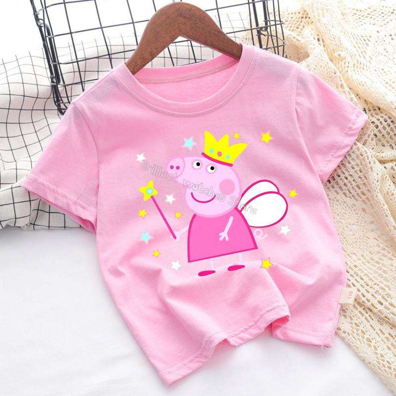 Peppa Pigs T-shirt for Children Cartoon Anime Tee Top Pink Blue Round Collar Clothes Boys Girls Short Sleeve Kids Clothing Gift