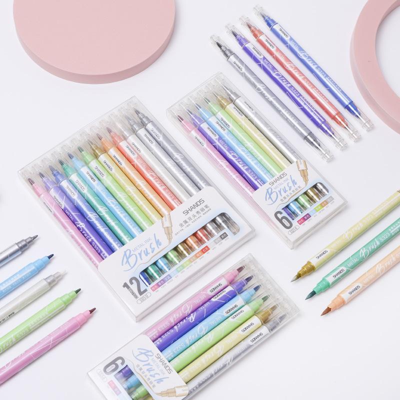 12pcs Metal Ink Brush Pens Set Double Ended Metallic Color Drawing Art Marker Liner Hand Lettering Calligraphy Painting