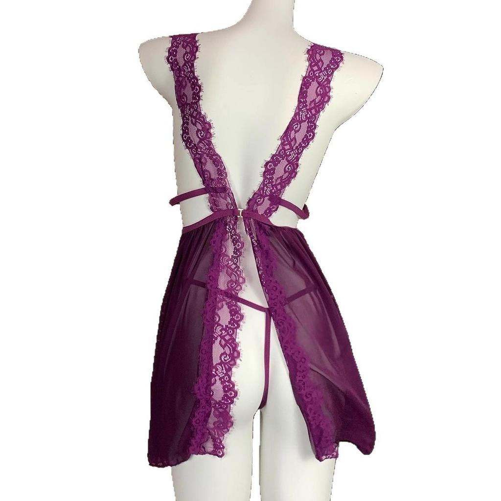 Elegantes tief ausgeschnittenes rückenfreies Spitzen-Netz-Nachthemd - Transparentes Camisole-Dessous für Damen