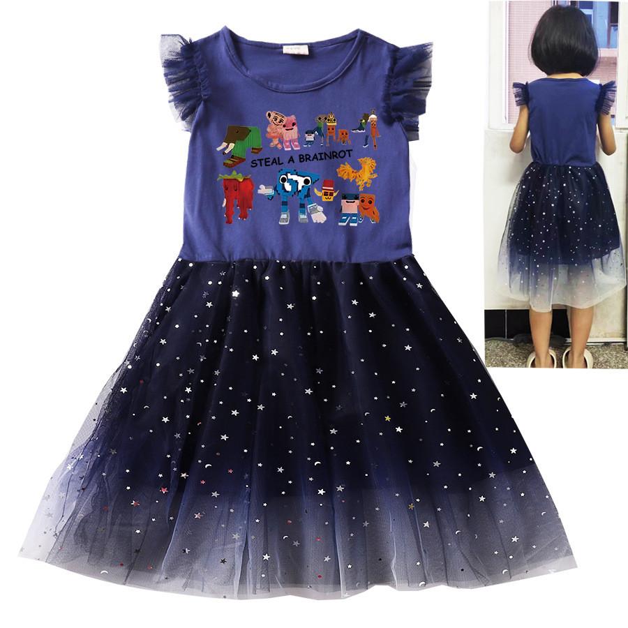 9191 Kinder Mädchen Steal a Brainrot 67 Six Seven Print Ärmellos Rüschen Lässig Mesh Kleid