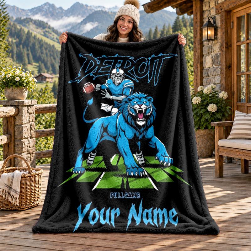Detroit Lions Custom Name Flannel Blanket Personalized Soft Warm Plush Throw Blanket Customized Gift for Family Friends