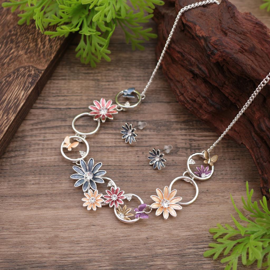 Nouveau set de boucles d'oreilles à clous et collier petite marguerite en émail coloré, boucles d'oreilles à clous fleur en diamant pour femme de haute qualité, collier