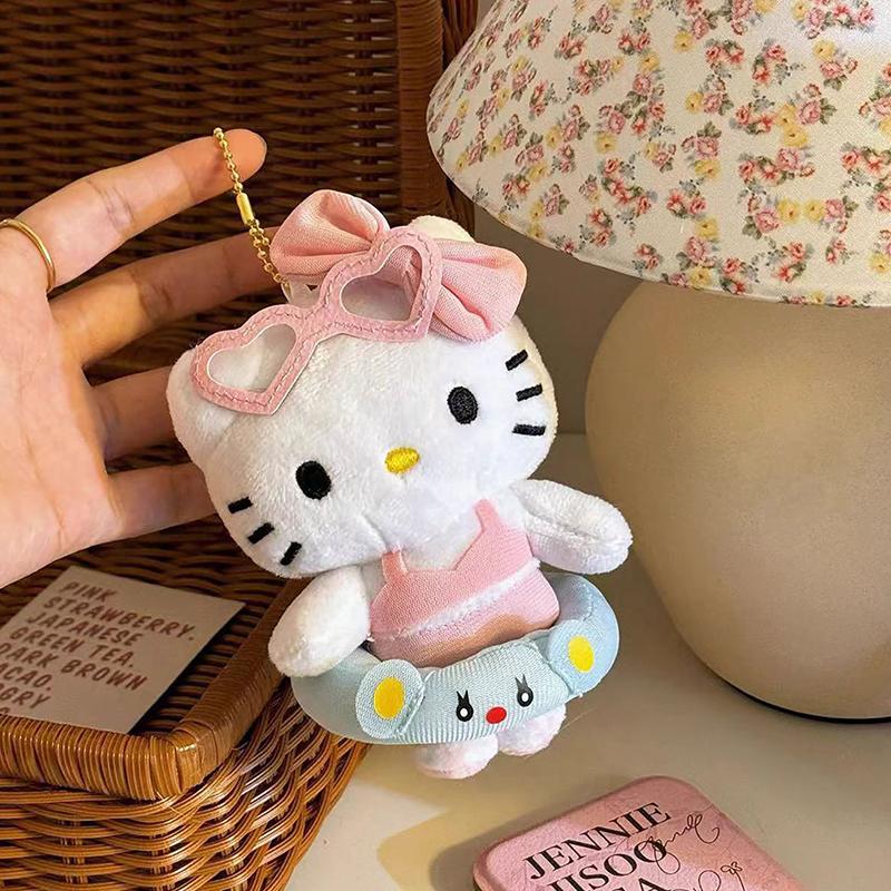 Kawaii Bikini Hello Kitty Keychain Sanrio Pendant Cartoon Plush Toys Swim Ring Kitty Key Ring Bag Charms